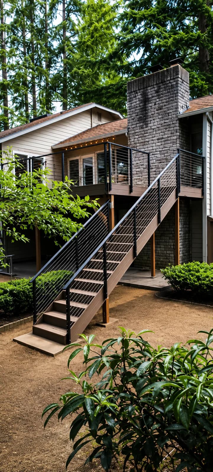 Elevated cable-rail composite deck and staircase on a Pacific Northwest home