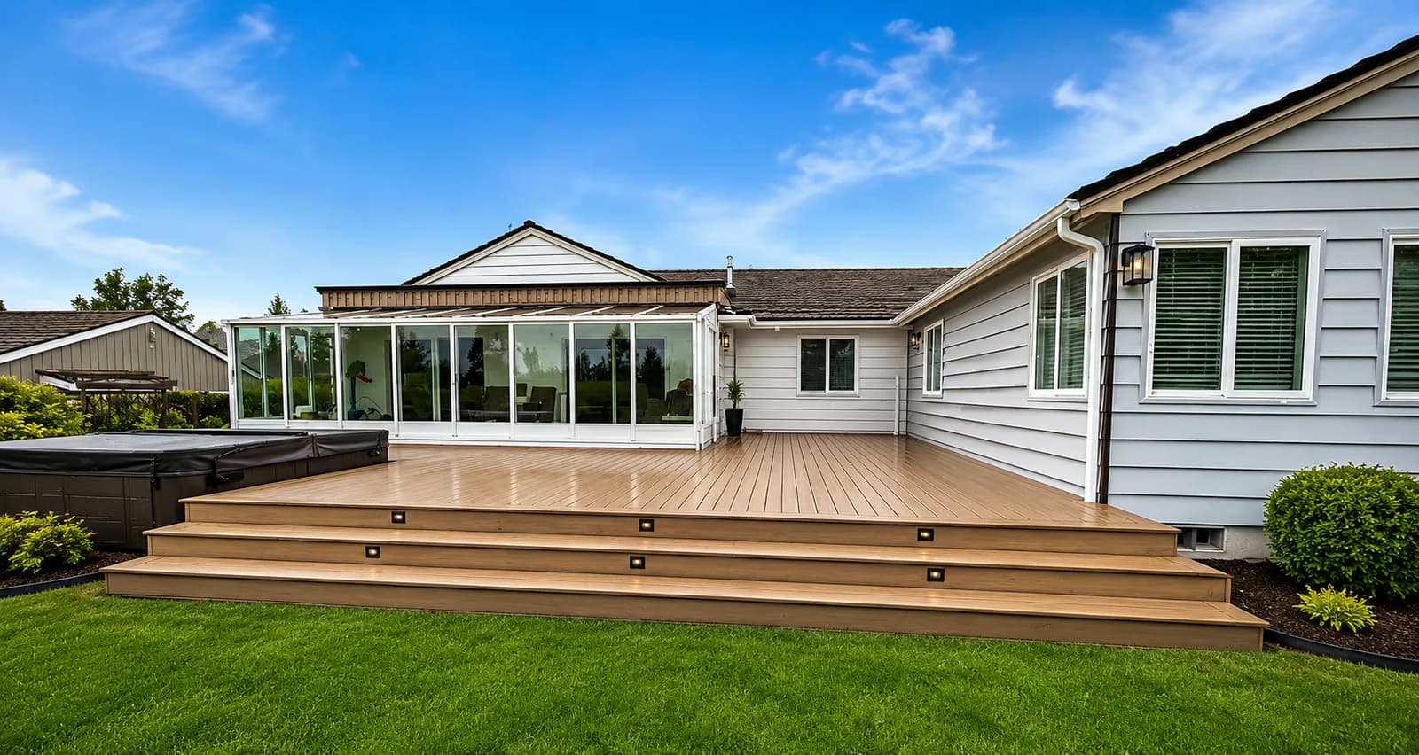 Light-toned composite deck with wide, lit steps and a sunroom