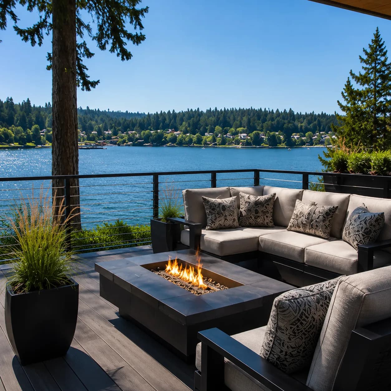 Lake-view deck lounge with a fire table in Bellevue, Washington