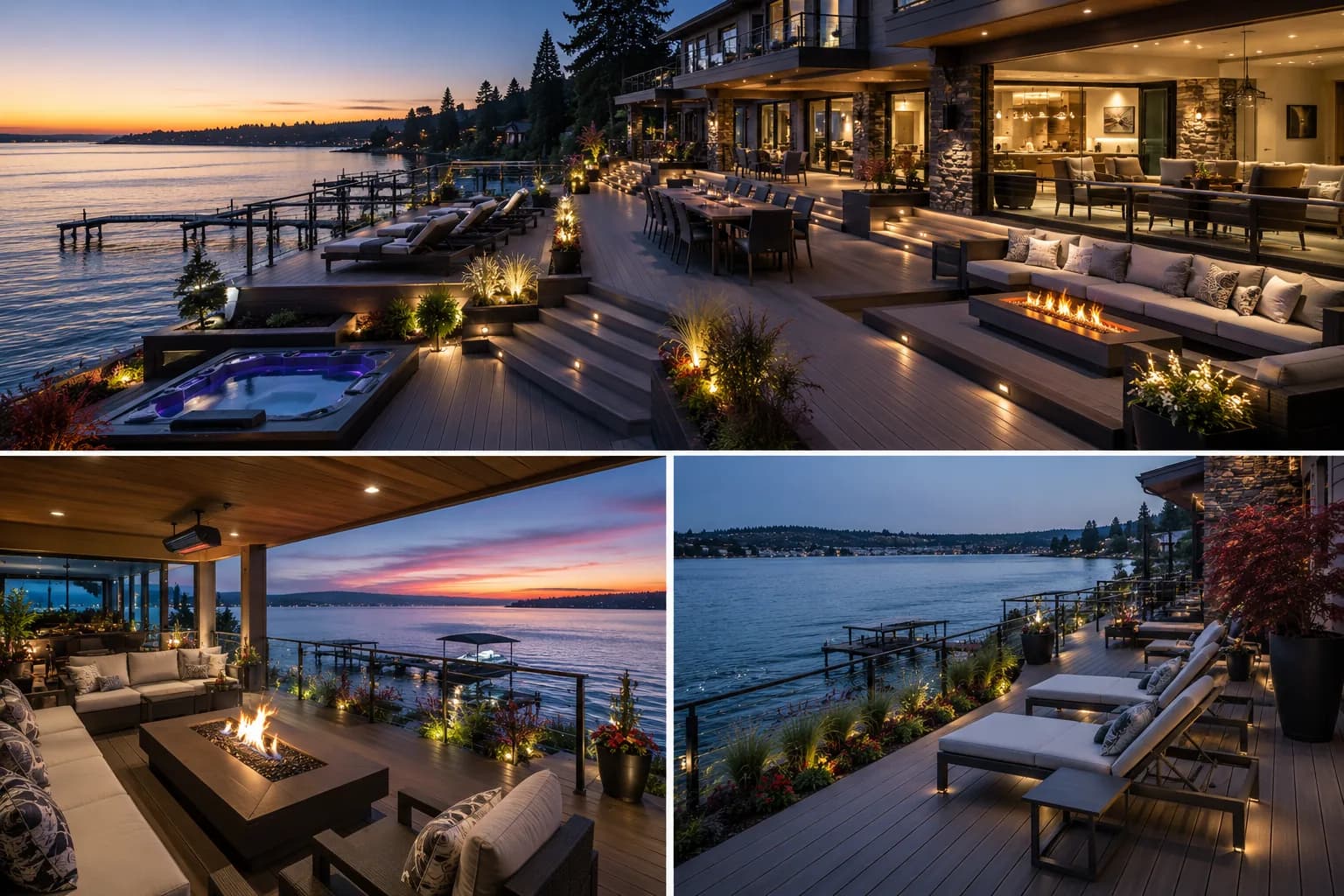 Collection of luxury Pacific Northwest decks at sunset