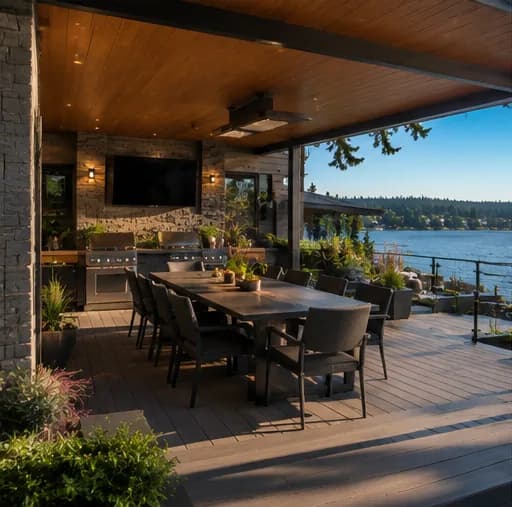 Covered deck with outdoor kitchen and lake view at golden hour