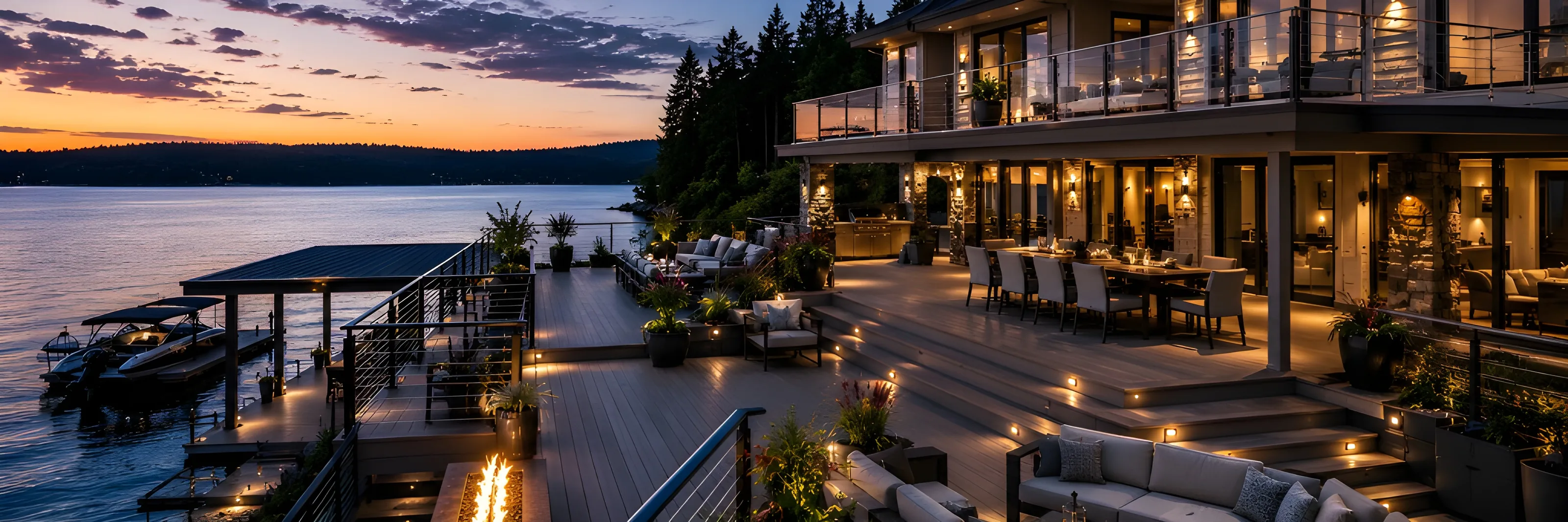 Luxury multi-level composite deck on a Pacific Northwest waterfront at dusk
